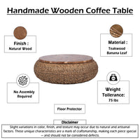 Jyra 47 Inch Round Coffee Table, Teak Wood Mosaic Top, Woven Banana Leaf Base, Natural Brown - UPT-350398