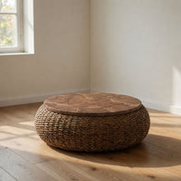 Jyra 47 Inch Round Coffee Table, Teak Wood Mosaic Top, Woven Banana Leaf Base, Natural Brown - UPT-350398