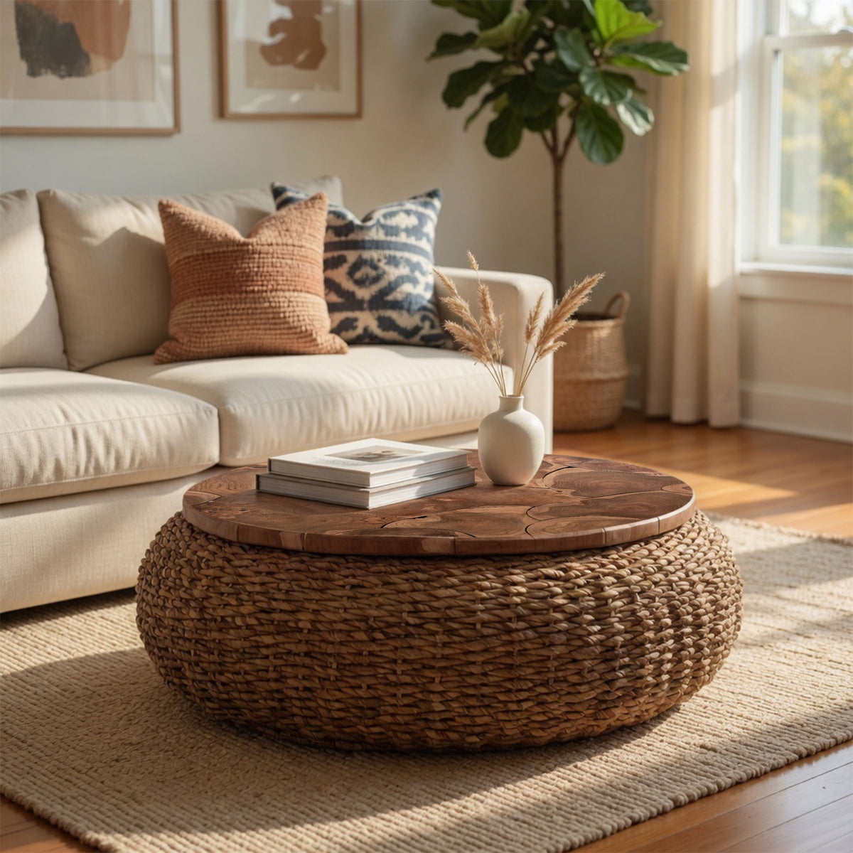 Jyra 47 Inch Round Coffee Table, Teak Wood Mosaic Top, Woven Banana Leaf Base, Natural Brown - UPT-350398