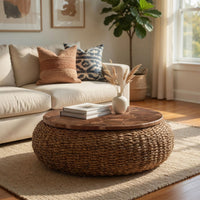 Jyra 47 Inch Round Coffee Table, Teak Wood Mosaic Top, Woven Banana Leaf Base, Natural Brown - UPT-350398