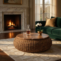Jyra 47 Inch Round Coffee Table, Teak Wood Mosaic Top, Woven Banana Leaf Base, Natural Brown - UPT-350398