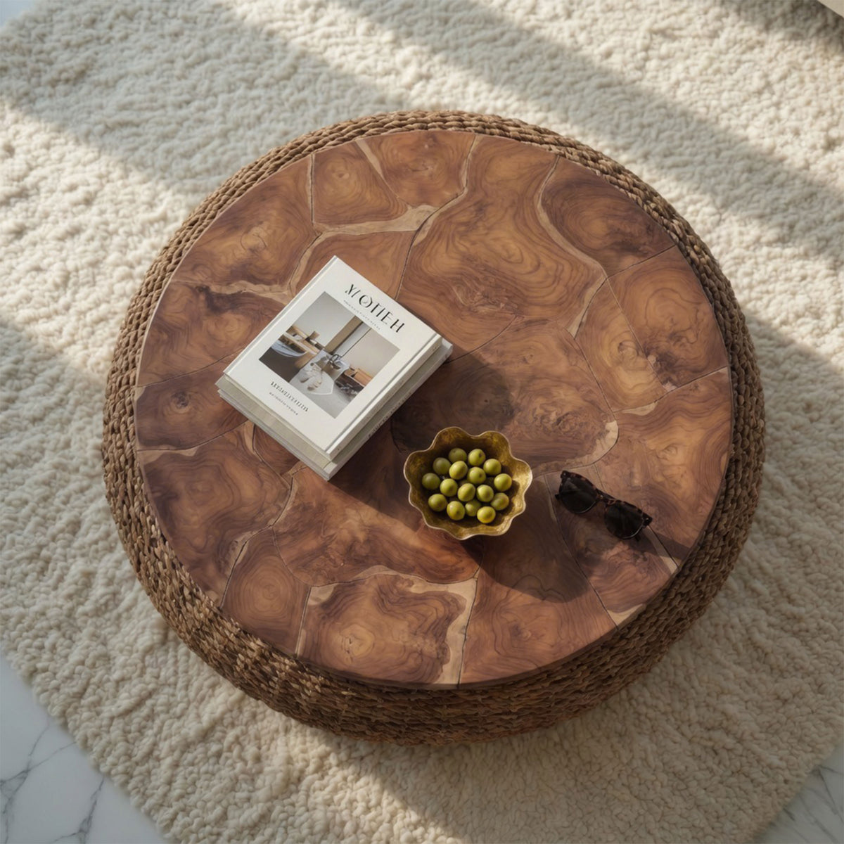 Jyra 47 Inch Round Coffee Table, Teak Wood Mosaic Top, Woven Banana Leaf Base, Natural Brown - UPT-350398