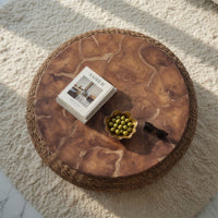 Jyra 47 Inch Round Coffee Table, Teak Wood Mosaic Top, Woven Banana Leaf Base, Natural Brown - UPT-350398