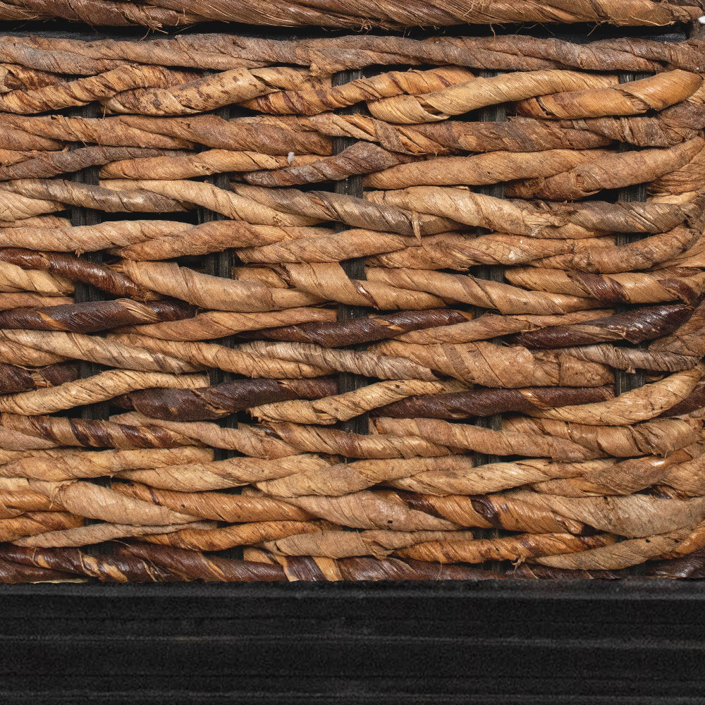Jinu 48 Inch Coffee Table with Natural Brown Woven Banana Leaf Top, Black Acacia Wood Base, Organic Decor - UPT-350399