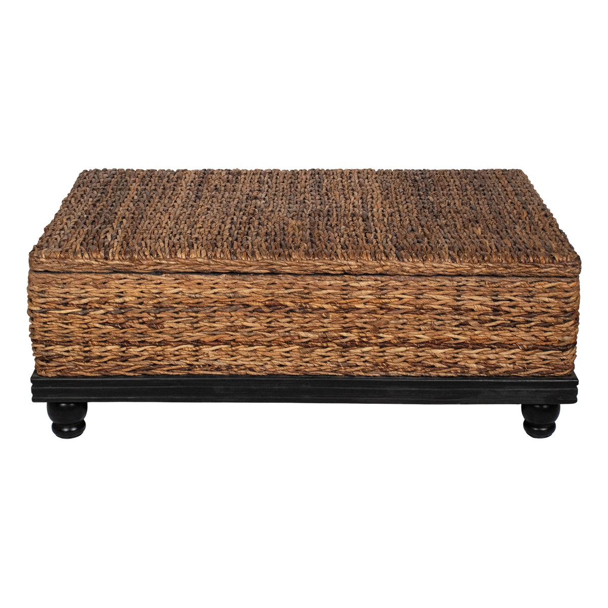 Jinu 48 Inch Coffee Table with Natural Brown Woven Banana Leaf Top, Black Acacia Wood Base, Organic Decor - UPT-350399