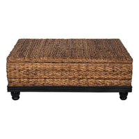 Jinu 48 Inch Coffee Table with Natural Brown Woven Banana Leaf Top, Black Acacia Wood Base, Organic Decor - UPT-350399
