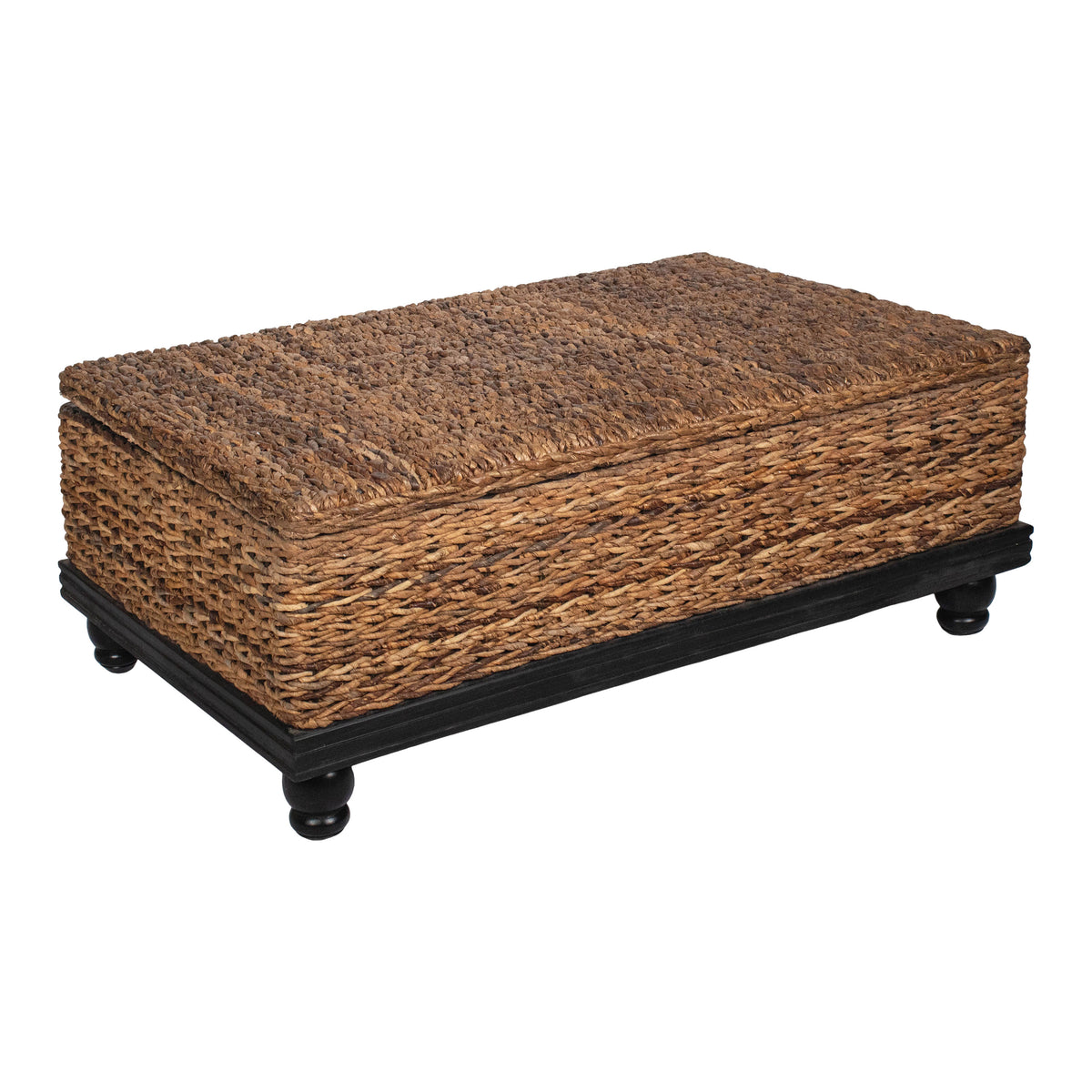 Jinu 48 Inch Coffee Table with Natural Brown Woven Banana Leaf Top, Black Acacia Wood Base, Organic Decor - UPT-350399