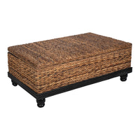 Jinu 48 Inch Coffee Table with Natural Brown Woven Banana Leaf Top, Black Acacia Wood Base, Organic Decor - UPT-350399