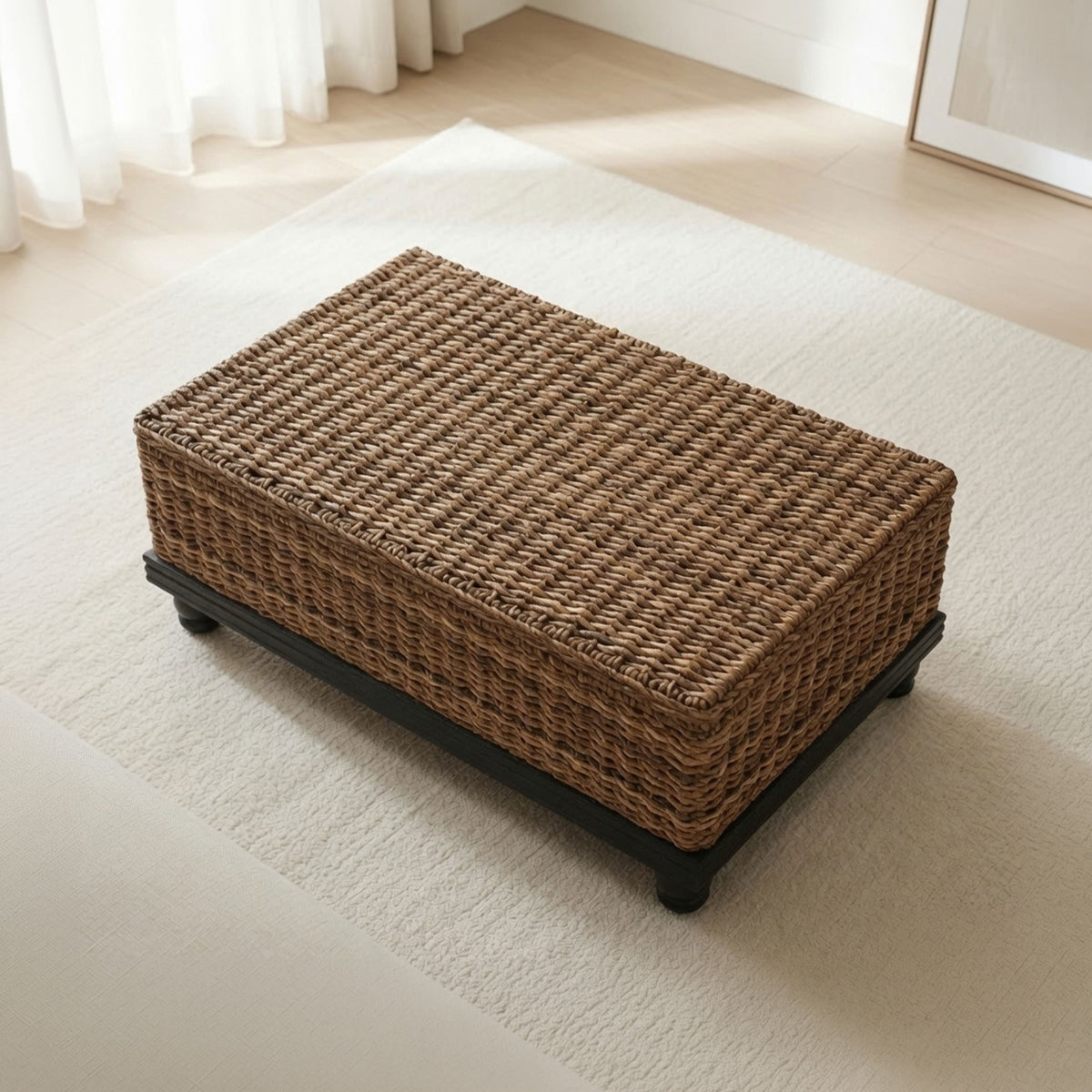 Jinu 48 Inch Coffee Table with Natural Brown Woven Banana Leaf Top, Black Acacia Wood Base, Organic Decor - UPT-350399