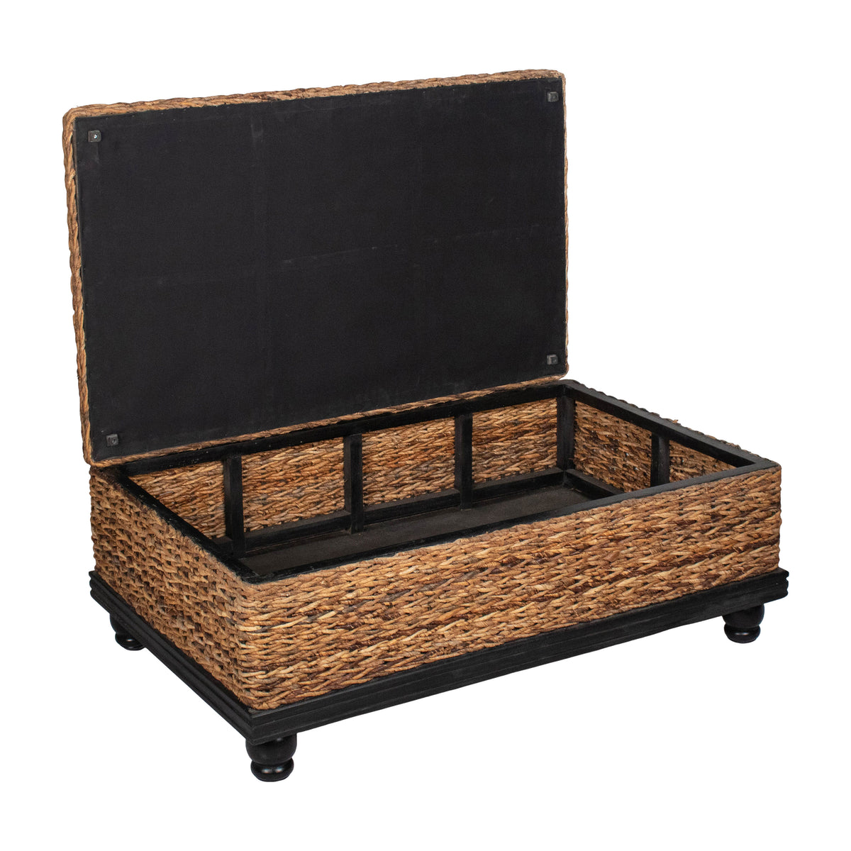 Jinu 48 Inch Coffee Table with Natural Brown Woven Banana Leaf Top, Black Acacia Wood Base, Organic Decor - UPT-350399