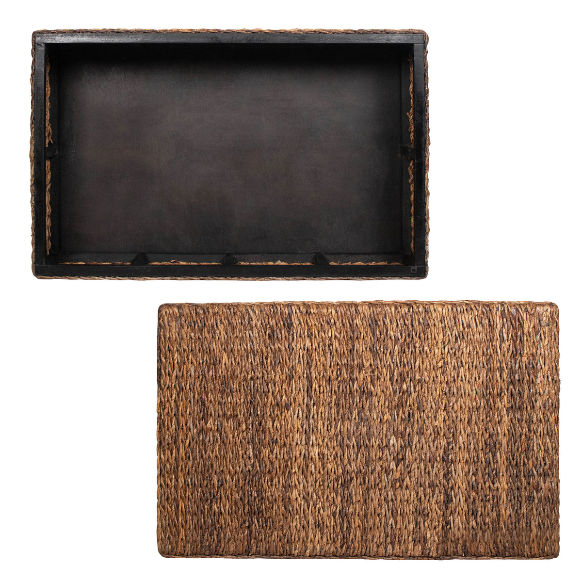 Jinu 48 Inch Coffee Table with Natural Brown Woven Banana Leaf Top, Black Acacia Wood Base, Organic Decor - UPT-350399