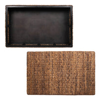 Jinu 48 Inch Coffee Table with Natural Brown Woven Banana Leaf Top, Black Acacia Wood Base, Organic Decor - UPT-350399