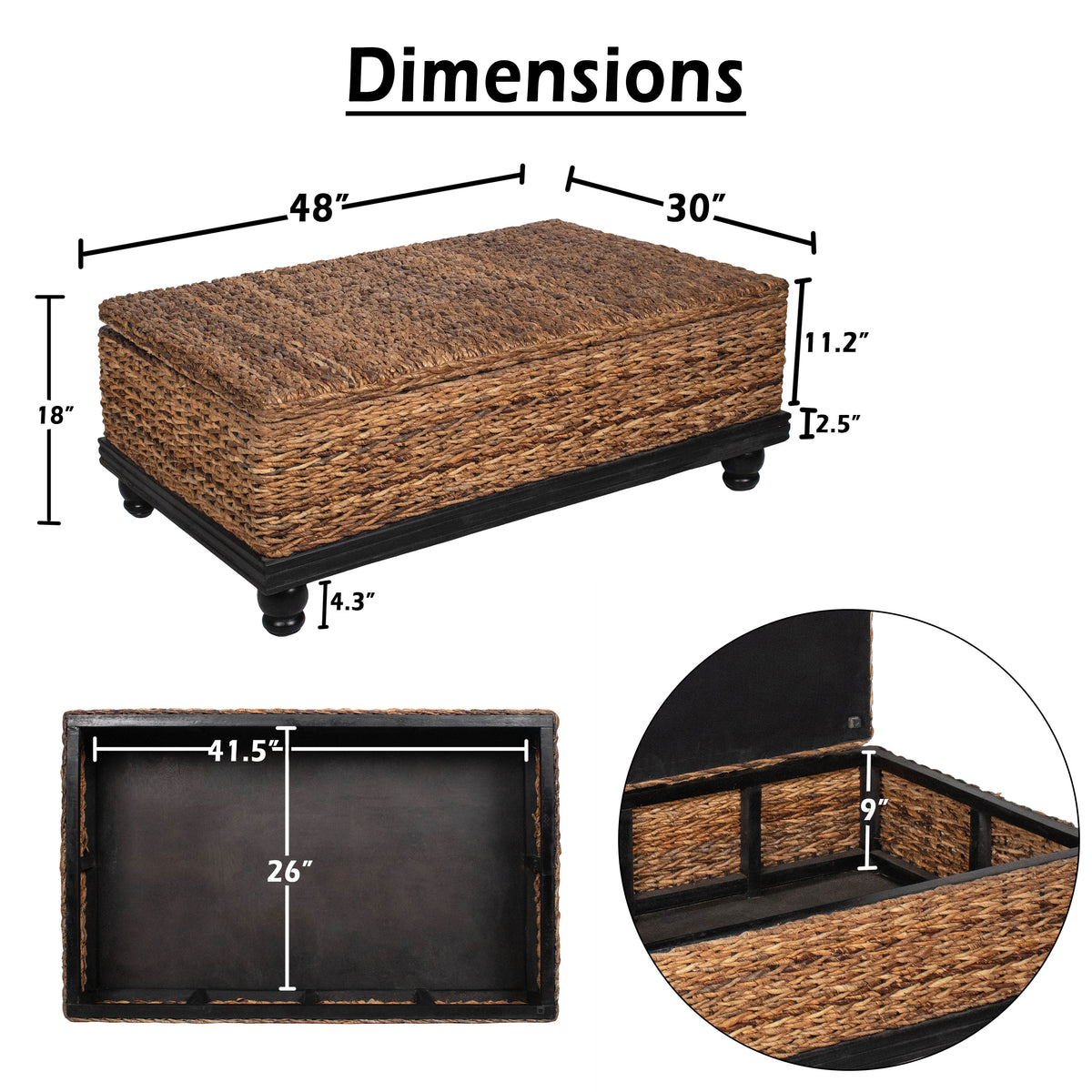 Jinu 48 Inch Coffee Table with Natural Brown Woven Banana Leaf Top, Black Acacia Wood Base, Organic Decor - UPT-350399