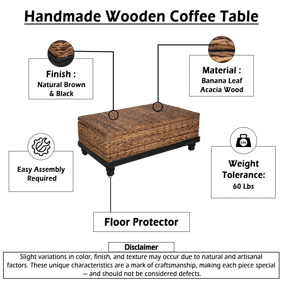 Jinu 48 Inch Coffee Table with Natural Brown Woven Banana Leaf Top, Black Acacia Wood Base, Organic Decor - UPT-350399