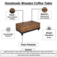 Jinu 48 Inch Coffee Table with Natural Brown Woven Banana Leaf Top, Black Acacia Wood Base, Organic Decor - UPT-350399