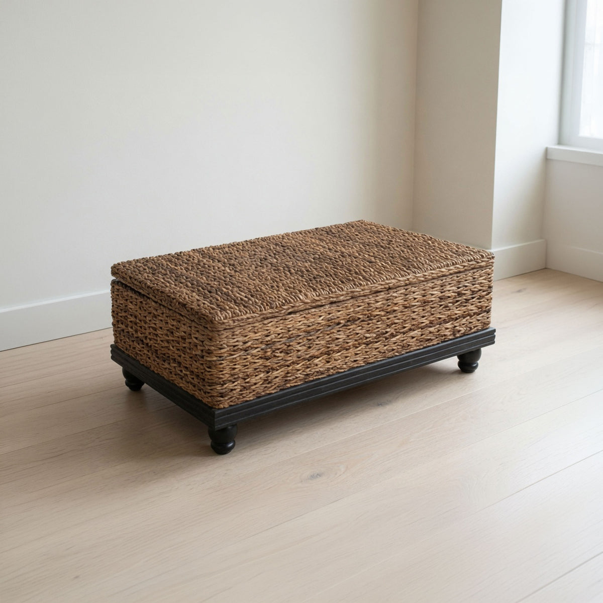Jinu 48 Inch Coffee Table with Natural Brown Woven Banana Leaf Top, Black Acacia Wood Base, Organic Decor - UPT-350399