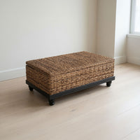 Jinu 48 Inch Coffee Table with Natural Brown Woven Banana Leaf Top, Black Acacia Wood Base, Organic Decor - UPT-350399