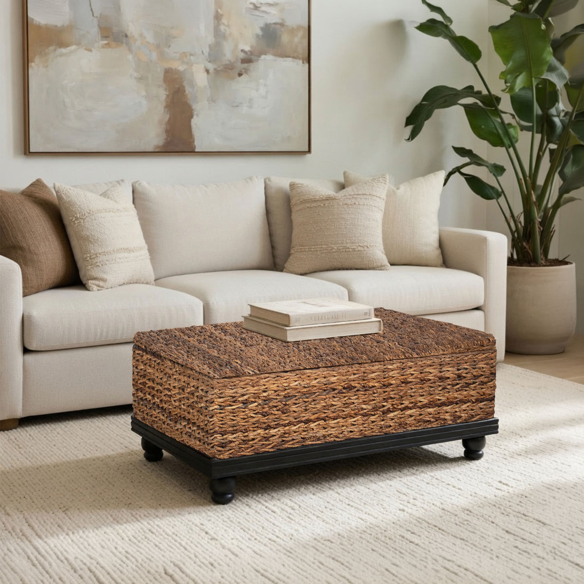 Jinu 48 Inch Coffee Table with Natural Brown Woven Banana Leaf Top, Black Acacia Wood Base, Organic Decor - UPT-350399