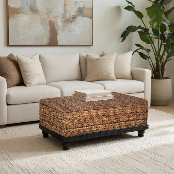 Jinu 48 Inch Coffee Table with Natural Brown Woven Banana Leaf Top, Black Acacia Wood Base, Organic Decor - UPT-350399
