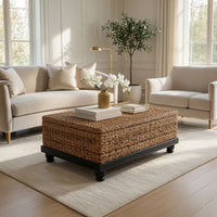 Jinu 48 Inch Coffee Table with Natural Brown Woven Banana Leaf Top, Black Acacia Wood Base, Organic Decor - UPT-350399