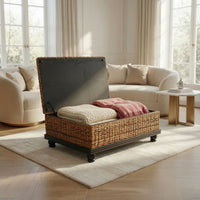 Jinu 48 Inch Coffee Table with Natural Brown Woven Banana Leaf Top, Black Acacia Wood Base, Organic Decor - UPT-350399