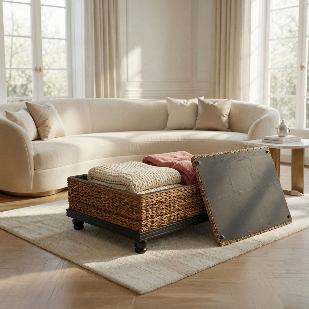 Jinu 48 Inch Coffee Table with Natural Brown Woven Banana Leaf Top, Black Acacia Wood Base, Organic Decor - UPT-350399