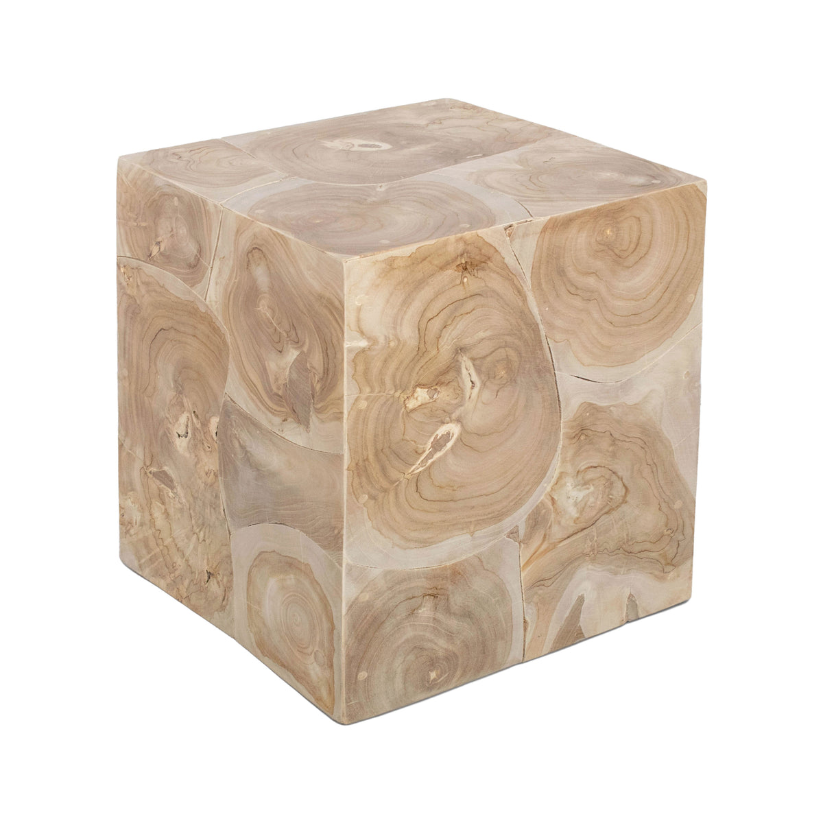 Sira Mosaic Side End Table, Hand Oiled Natural Brown Finish, 20 Inch Solid Teak Wood Slice Cube - UPT-350400