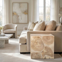 Sira Mosaic Side End Table, Hand Oiled Natural Brown Finish, 20 Inch Solid Teak Wood Slice Cube - UPT-350400