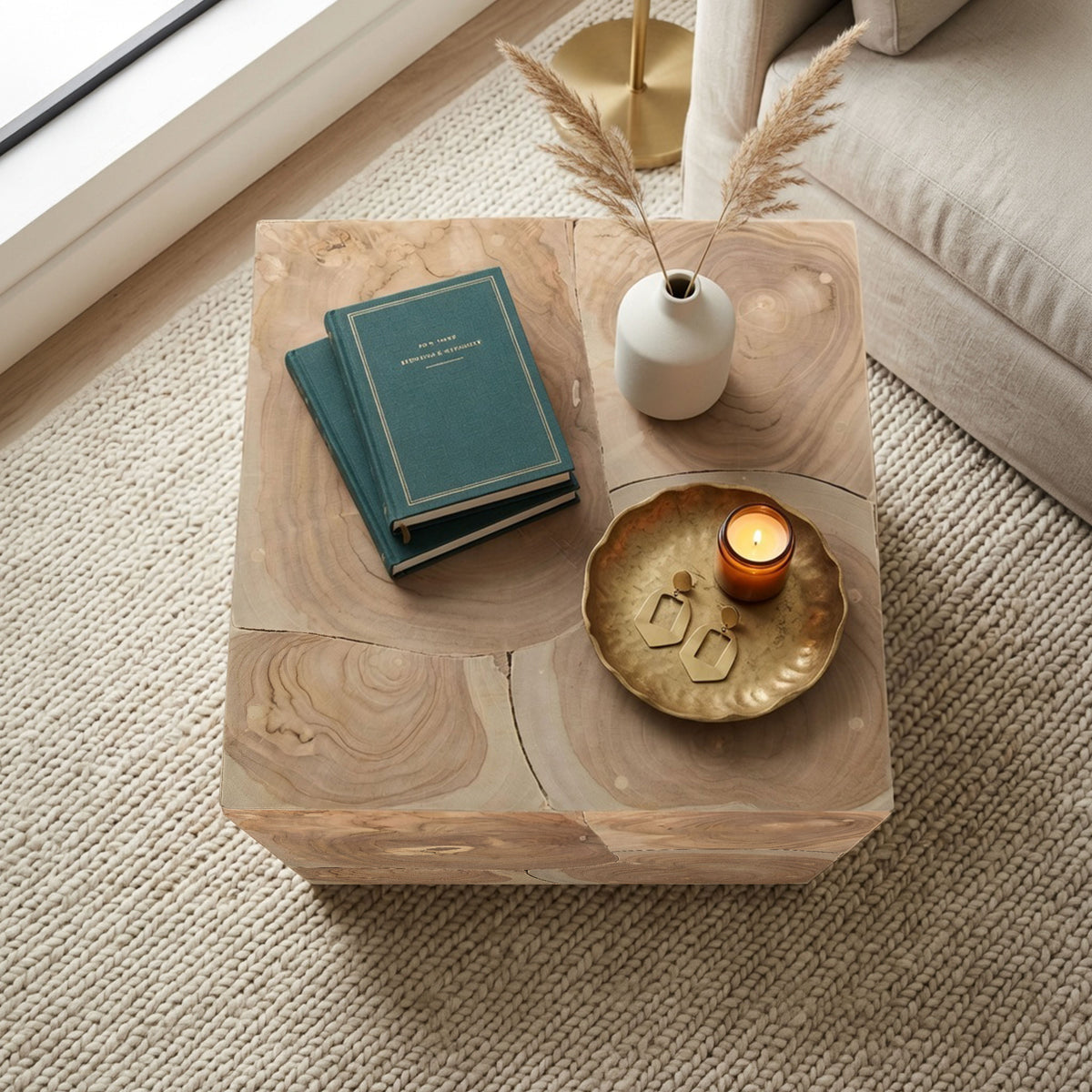 Sira Mosaic Side End Table, Hand Oiled Natural Brown Finish, 20 Inch Solid Teak Wood Slice Cube - UPT-350400