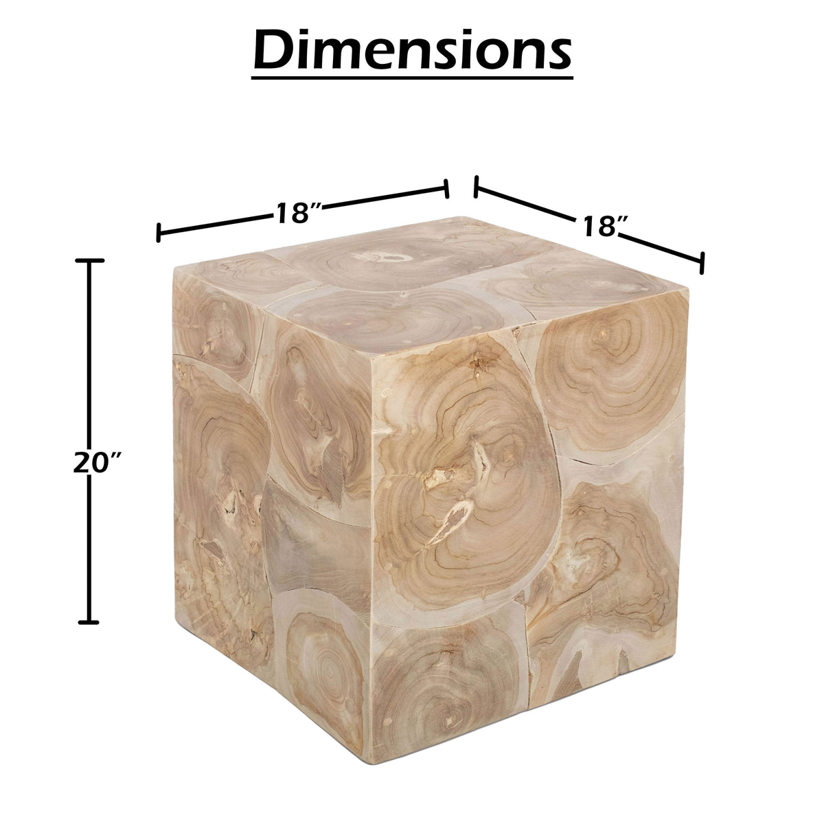 Sira Mosaic Side End Table, Hand Oiled Natural Brown Finish, 20 Inch Solid Teak Wood Slice Cube - UPT-350400