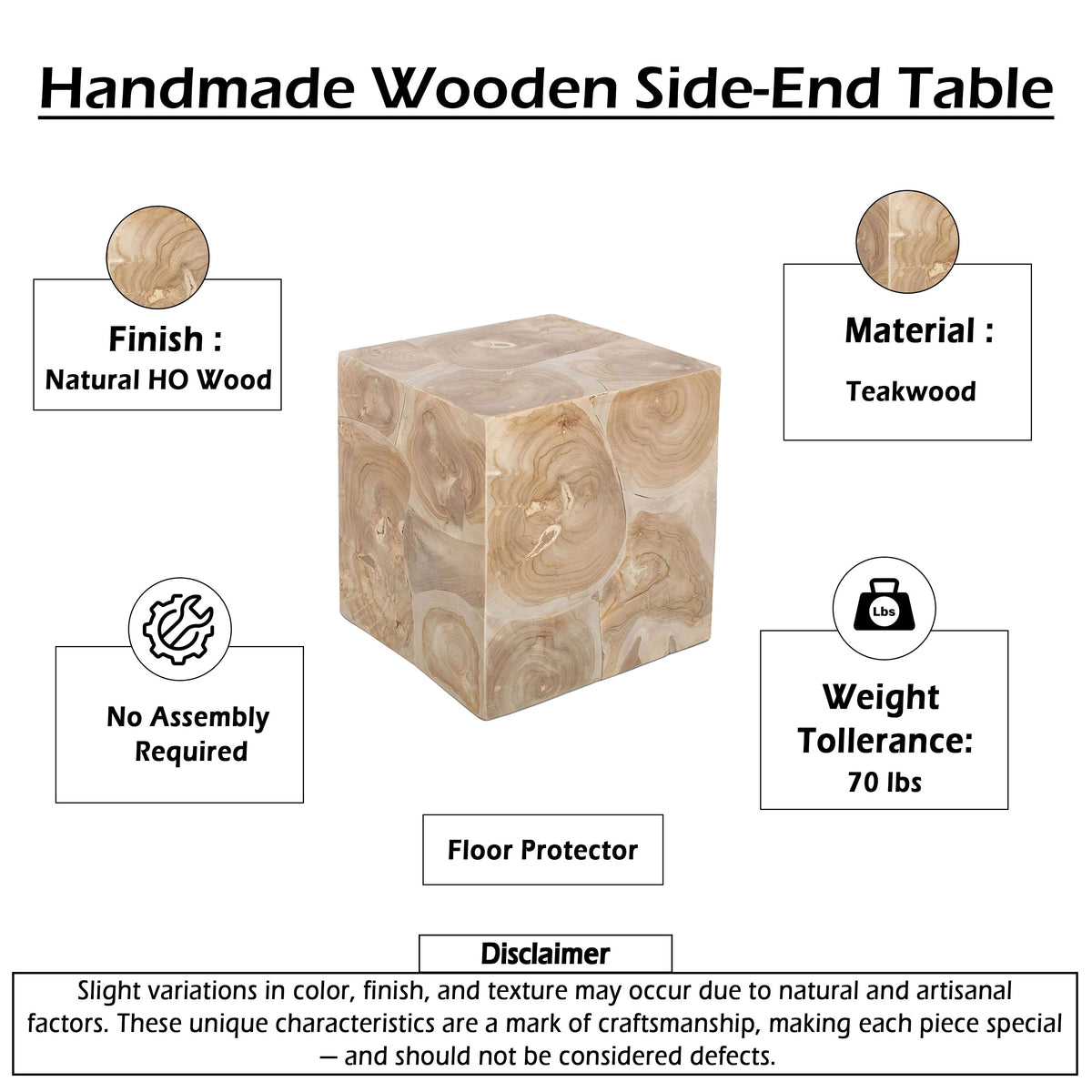 Sira Mosaic Side End Table, Hand Oiled Natural Brown Finish, 20 Inch Solid Teak Wood Slice Cube - UPT-350400