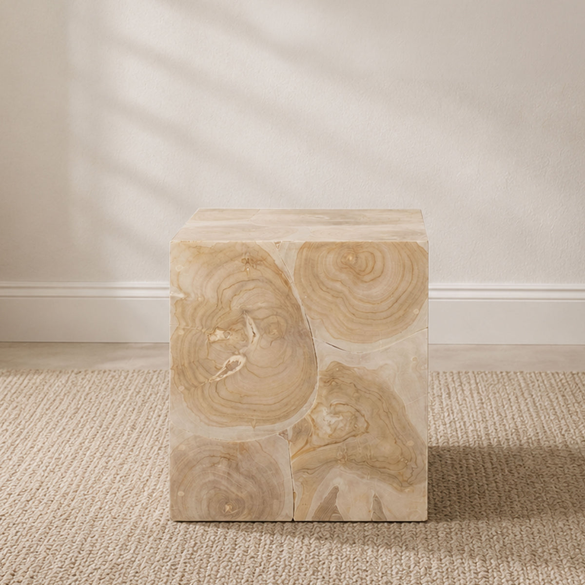 Sira Mosaic Side End Table, Hand Oiled Natural Brown Finish, 20 Inch Solid Teak Wood Slice Cube - UPT-350400