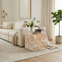 Sira Mosaic Side End Table, Hand Oiled Natural Brown Finish, 20 Inch Solid Teak Wood Slice Cube - UPT-350400