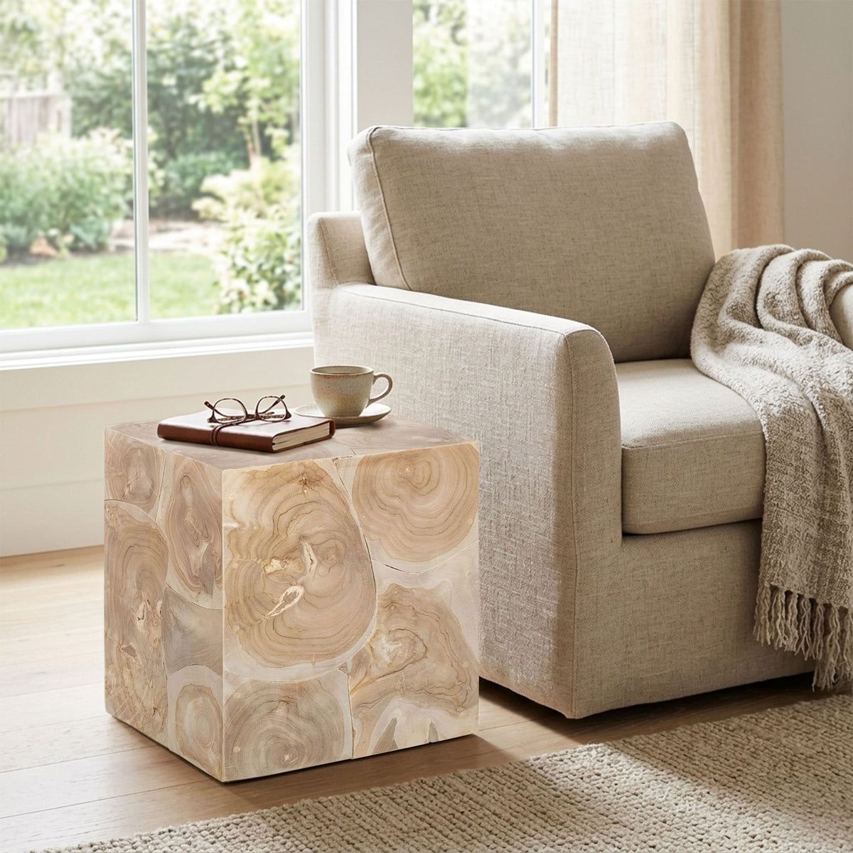Sira Mosaic Side End Table, Hand Oiled Natural Brown Finish, 20 Inch Solid Teak Wood Slice Cube - UPT-350400