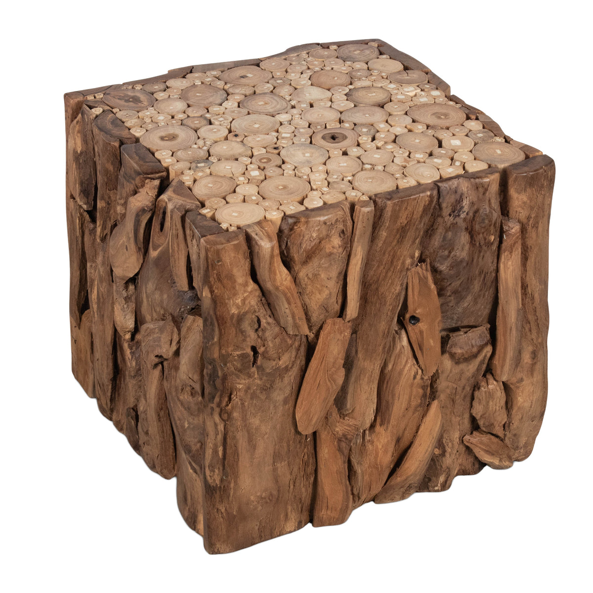 Zisa Teak Root Side End Table, Rustic Natural Brown Wood Bunching Cube, 17 Inch - UPT-350401