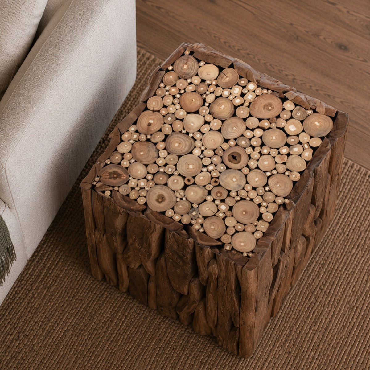Zisa Teak Root Side End Table, Rustic Natural Brown Wood Bunching Cube, 17 Inch - UPT-350401