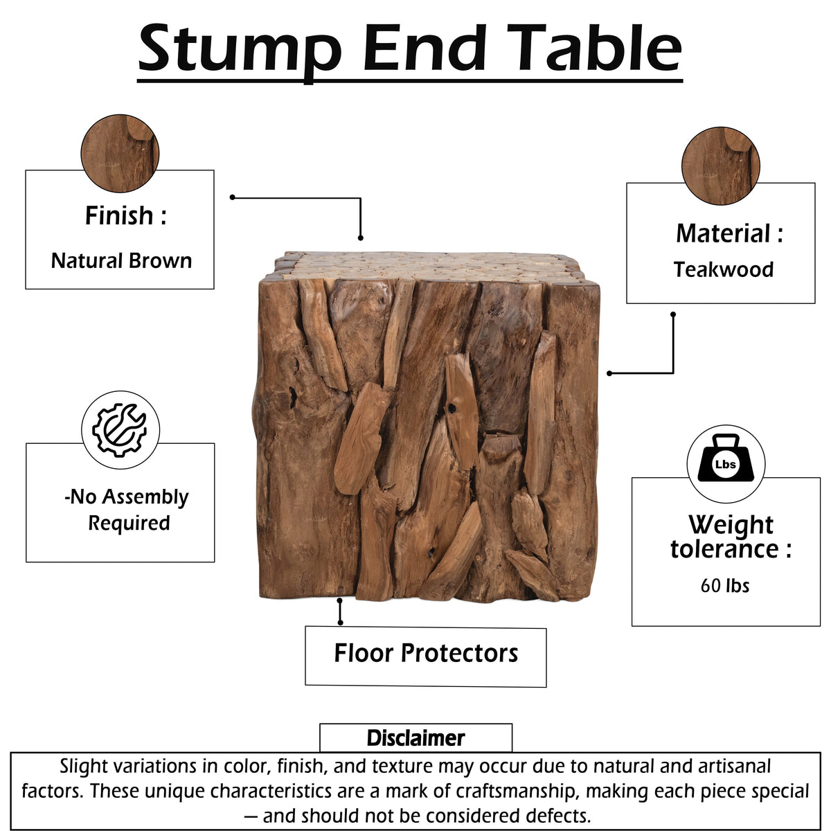 Zisa Teak Root Side End Table, Rustic Natural Brown Wood Bunching Cube, 17 Inch - UPT-350401