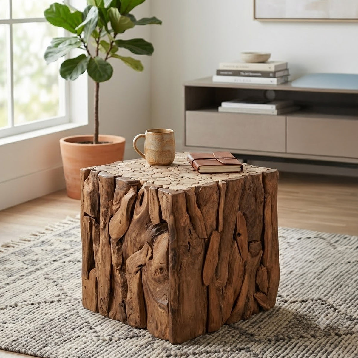 Zisa Teak Root Side End Table, Rustic Natural Brown Wood Bunching Cube, 17 Inch - UPT-350401
