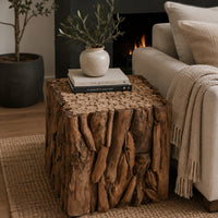 Zisa Teak Root Side End Table, Rustic Natural Brown Wood Bunching Cube, 17 Inch - UPT-350401