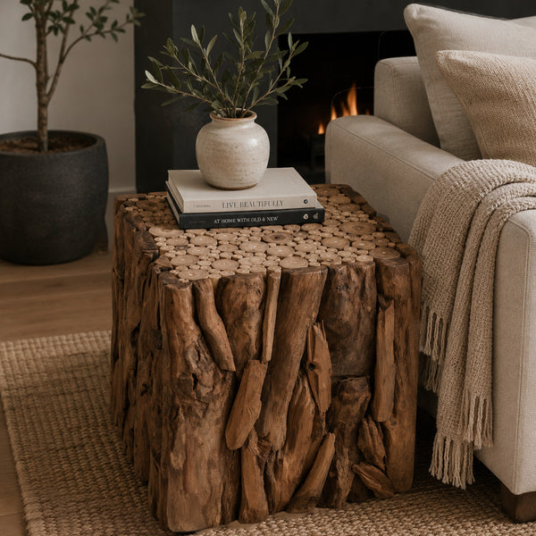 Zisa Teak Root Side End Table, Rustic Natural Brown Wood Bunching Cube, 17 Inch - UPT-350401