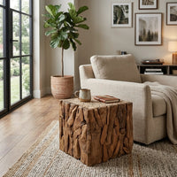 Zisa Teak Root Side End Table, Rustic Natural Brown Wood Bunching Cube, 17 Inch - UPT-350401