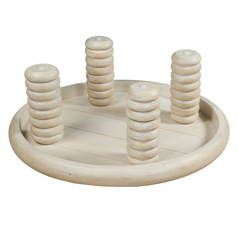 Jesina 44 Inch Round Coffee Table, Antique White Mango Wood, Stacked Beaded Legs - UPT-350765