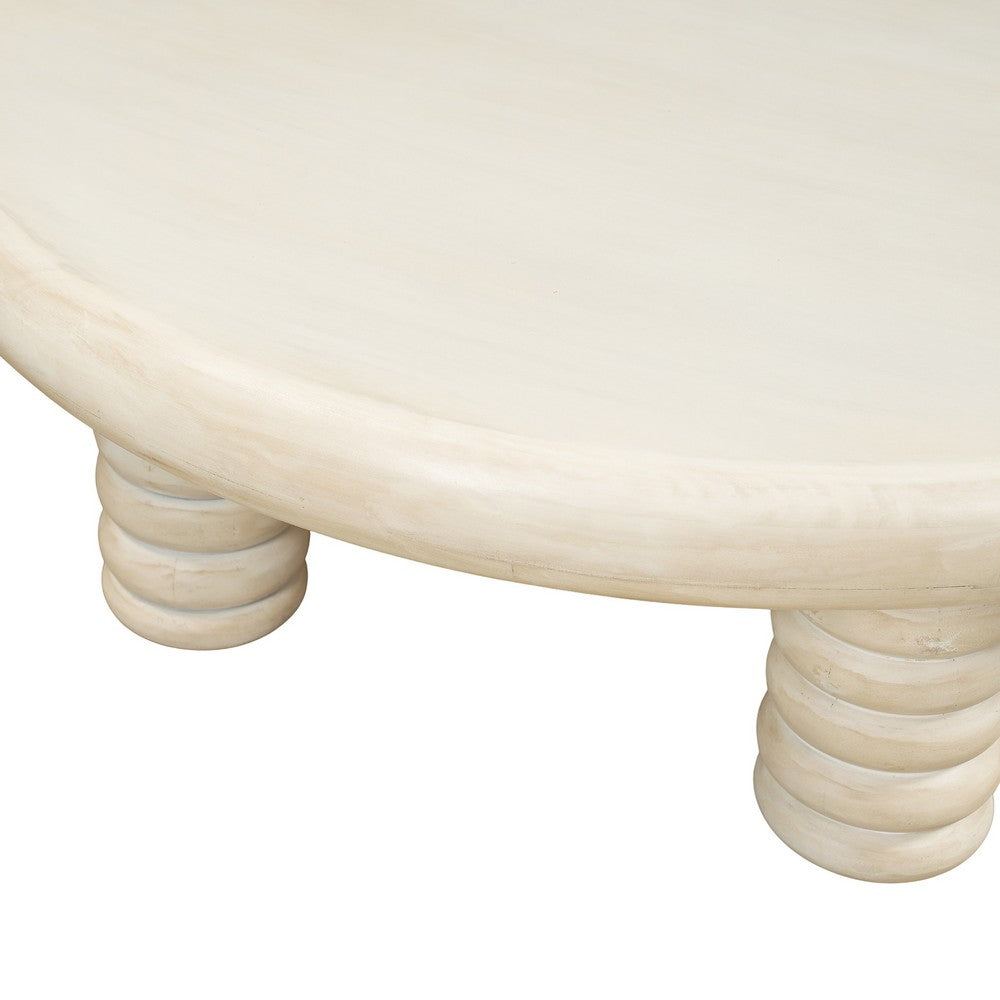 Jesina 44 Inch Round Coffee Table, Antique White Mango Wood, Stacked Beaded Legs - UPT-350765