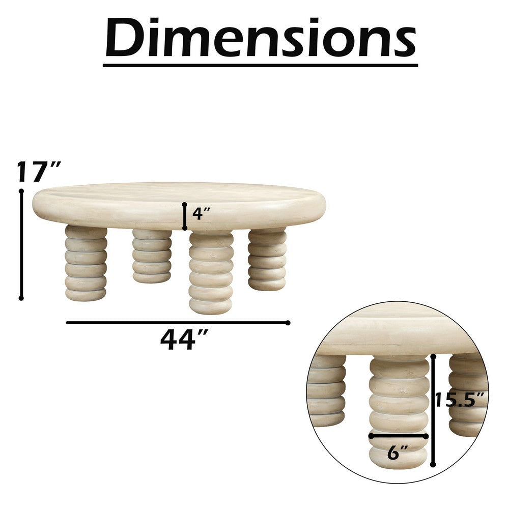 Jesina 44 Inch Round Coffee Table, Antique White Mango Wood, Stacked Beaded Legs - UPT-350765