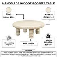 Jesina 44 Inch Round Coffee Table, Antique White Mango Wood, Stacked Beaded Legs - UPT-350765