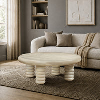 Jesina 44 Inch Round Coffee Table, Antique White Mango Wood, Stacked Beaded Legs - UPT-350765