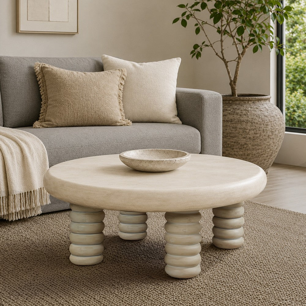 Jesina 44 Inch Round Coffee Table, Antique White Mango Wood, Stacked Beaded Legs - UPT-350765