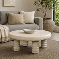Jesina 44 Inch Round Coffee Table, Antique White Mango Wood, Stacked Beaded Legs - UPT-350765