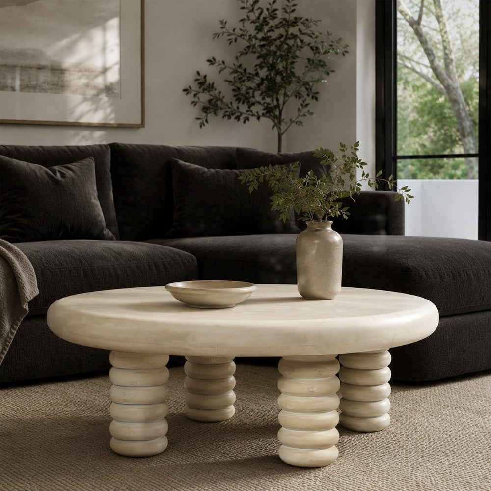 Jesina 44 Inch Round Coffee Table, Antique White Mango Wood, Stacked Beaded Legs - UPT-350765