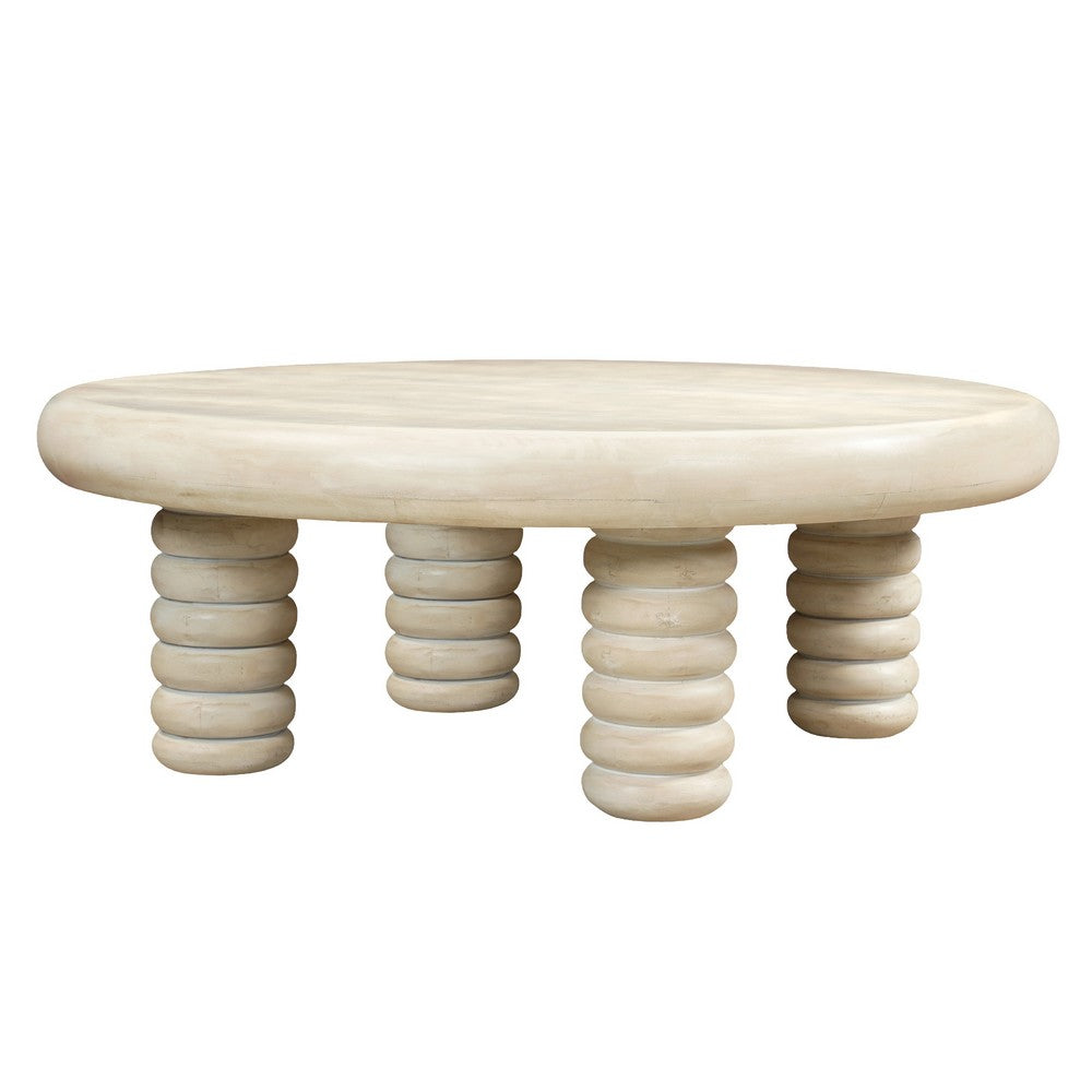Jesina 44 Inch Round Coffee Table, Antique White Mango Wood, Stacked Beaded Legs - UPT-350765
